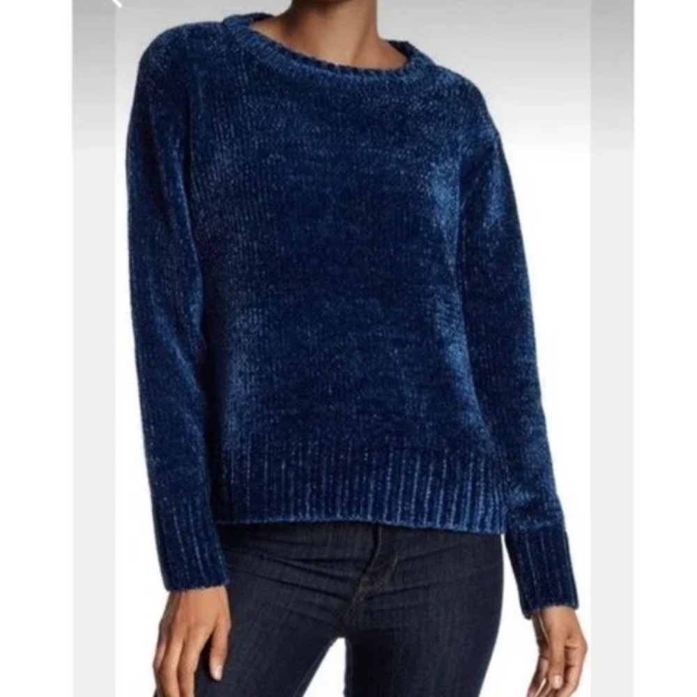 Orvis Chenille Womens L Blue Pullover Sweater Very Soft Stretch Cozy Long Sleeve